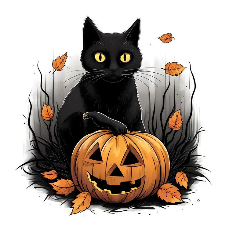 Black Cat with Halloween Pumpkin