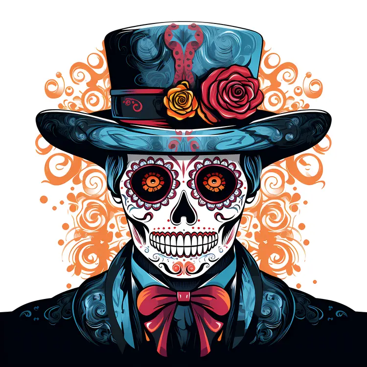 Skeleton with Blue Hat and Flowers for Day of the Dead