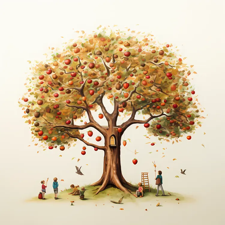 Apple Tree with People Harvesting