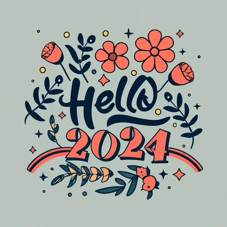 Hello 2024 with Flowers and Leaves