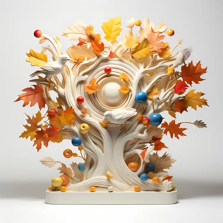 Colorful Autumn Tree with Birds and Leaves