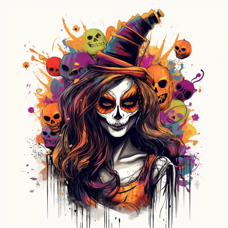 Witch with Skulls and Pumpkins