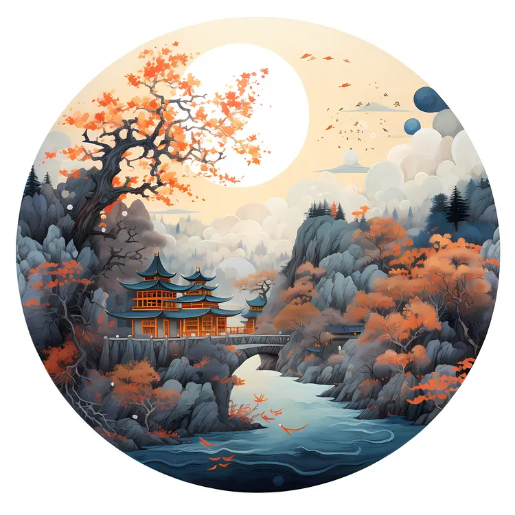 Autumn Temple and Moon Landscape