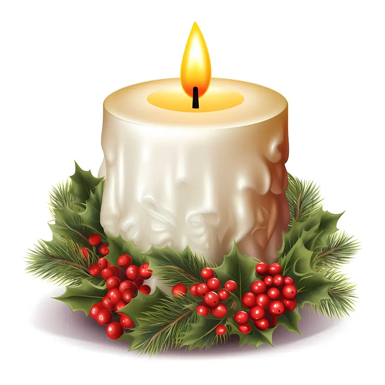 Christmas Candle with Holly and Berries