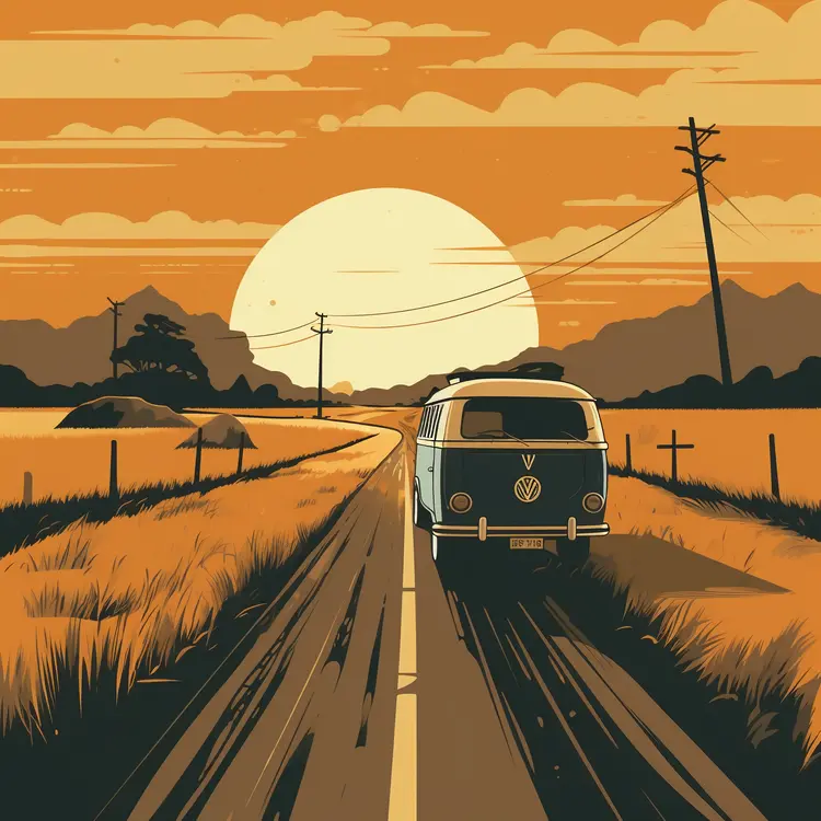 Volkswagen Van Driving into the Sunset