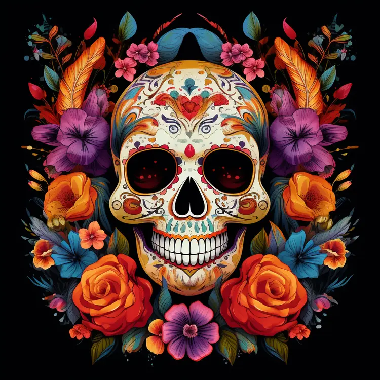 Colorful Sugar Skull with Flowers for Day of the Dead