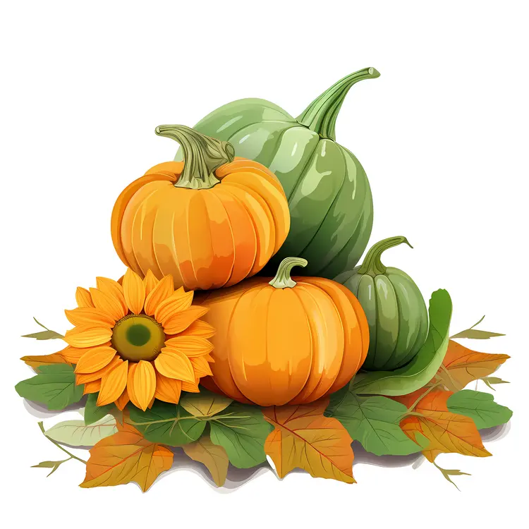 Stack of Pumpkins with Leaves