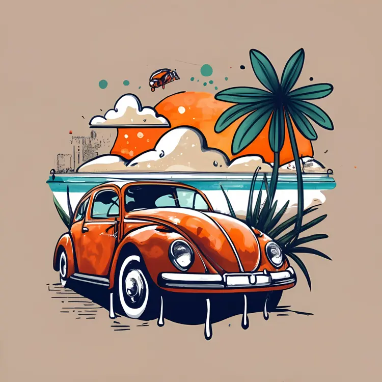 Orange Car with Palm Trees and Sunset