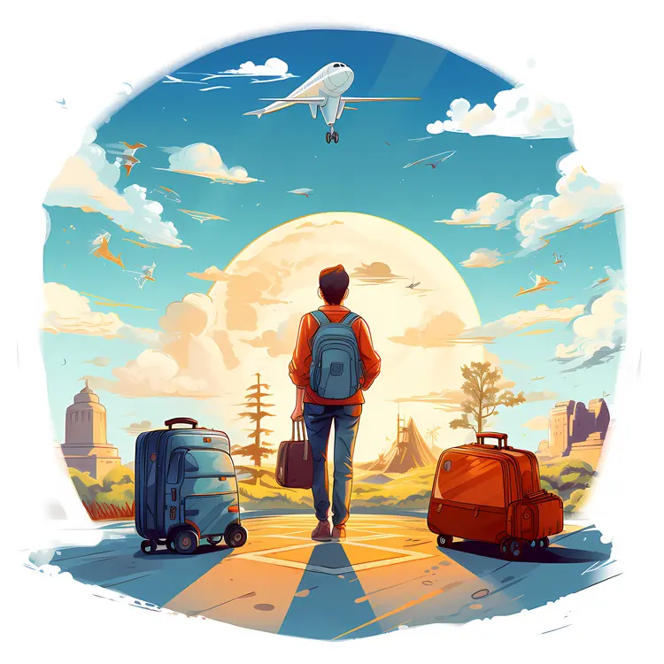 Traveler with Luggage Watching Airplane
