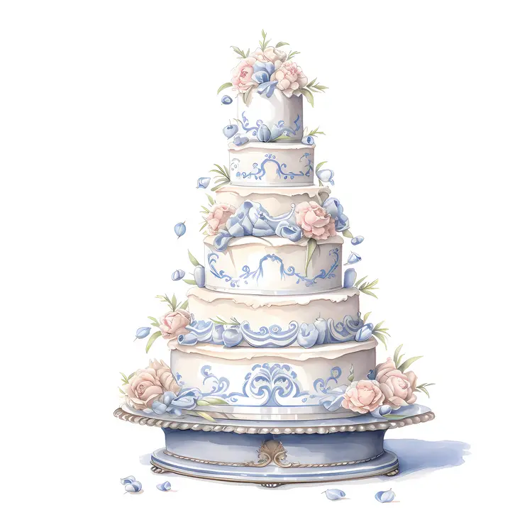 Blue Floral Cake with Elegant Decorations