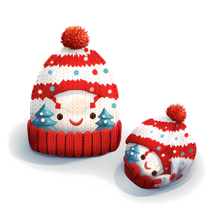 Red and White Knit Hat with Trees