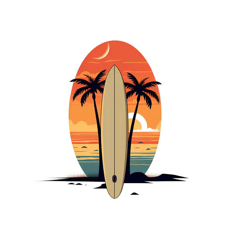 Surfboard with Sunset and Palm Trees