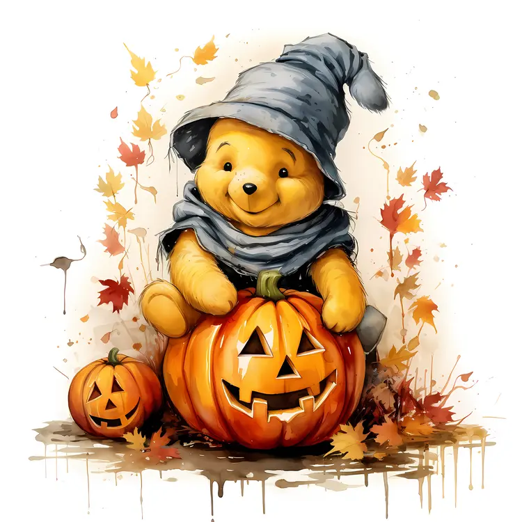 Cute Bear in Witch Hat with Pumpkins
