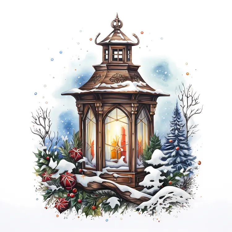 Bronze Lantern in Snow with Christmas Tree