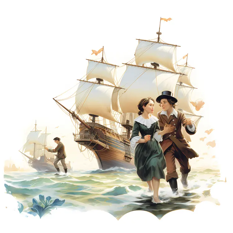 People Walking by a Sailing Ship