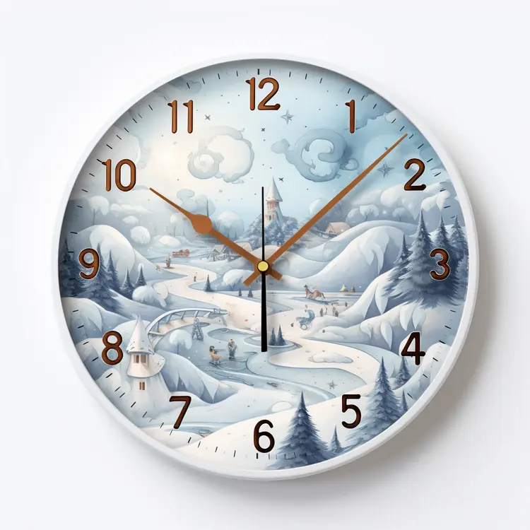 Snowy Mountain Clock with Winter Scene
