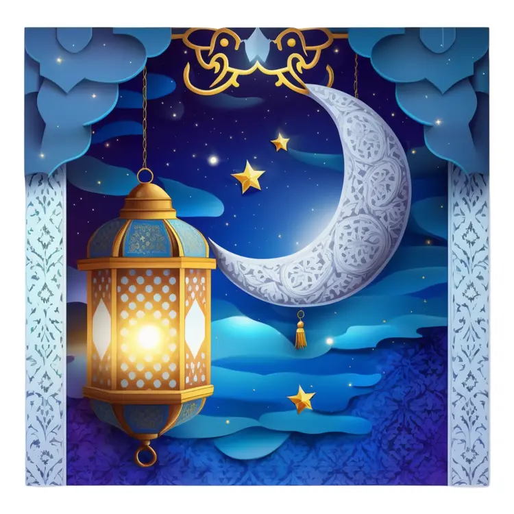 Crescent Moon and Lantern in Night Sky for Ramadan