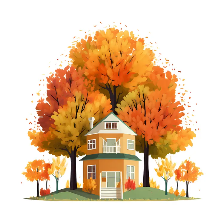 Small cute doodle house with autumn trees
