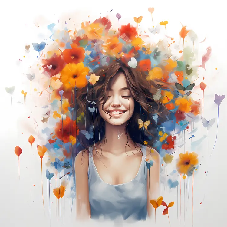 Illustration of a Woman with Colorful Flowers and Butterflies