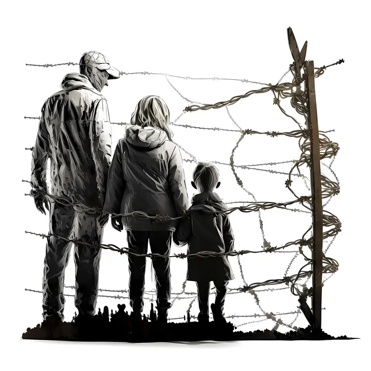 Family Standing Behind Barbed Wire