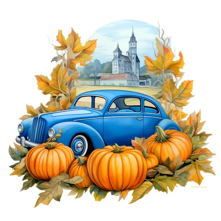 Vintage Blue Car with Pumpkins and Autumn Leaves