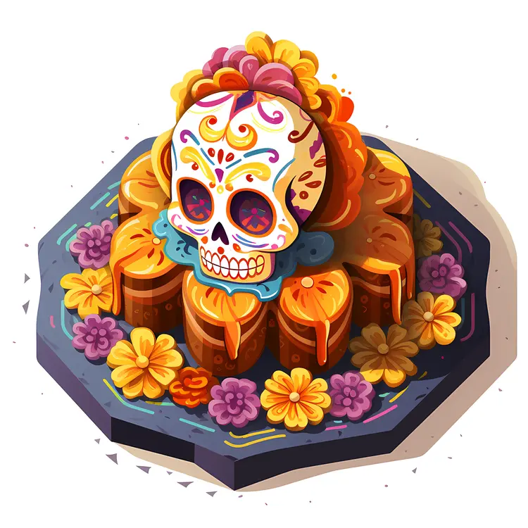 Decorated Bread with Sugar Skull and Flowers for Day of the Dead