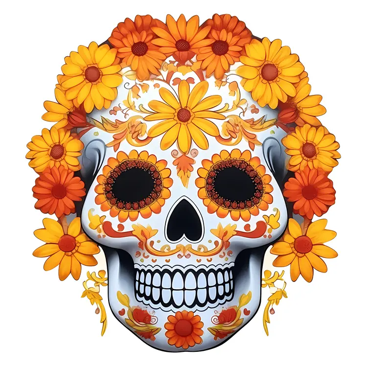 Colorful Sugar Skull with Floral Decoration for Day of the Dead