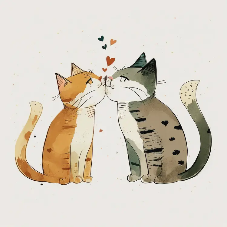 Cute Cats Kissing with Hearts Illustration