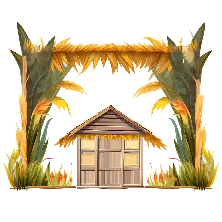 Tropical Hut with Thatched Roof and Leaves