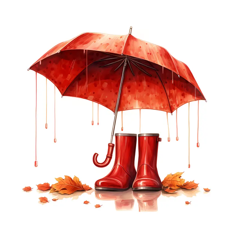 Red Boots and Umbrella with Autumn Leaves