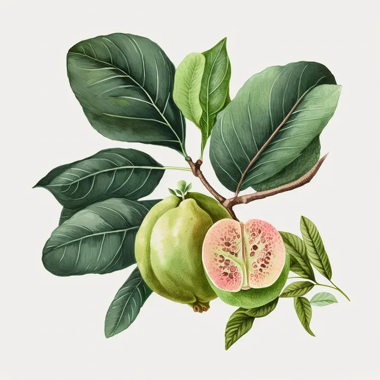 Botanical Illustration of Green Guava with Leaves
