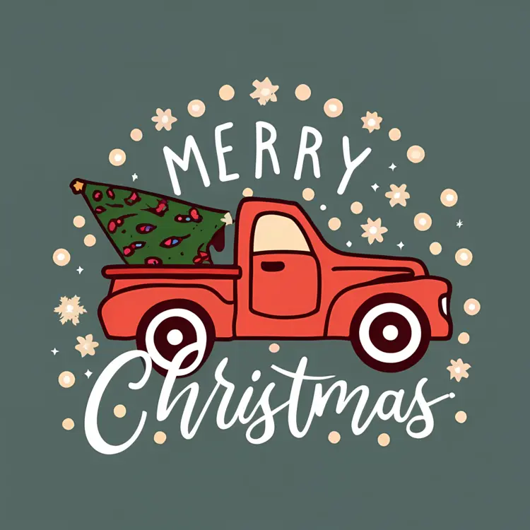 Merry Christmas with Red Truck and Tree