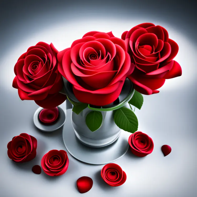 Red Roses in a Vase with Petals