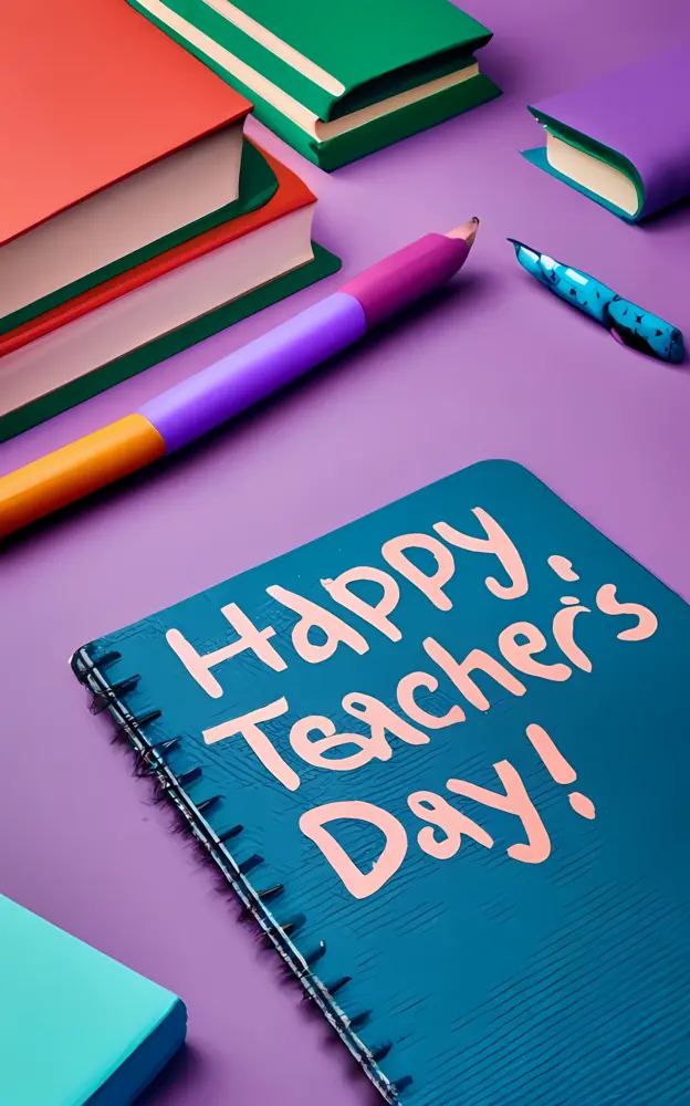 Happy Teacher's Day on Notebook with Books and Pen
