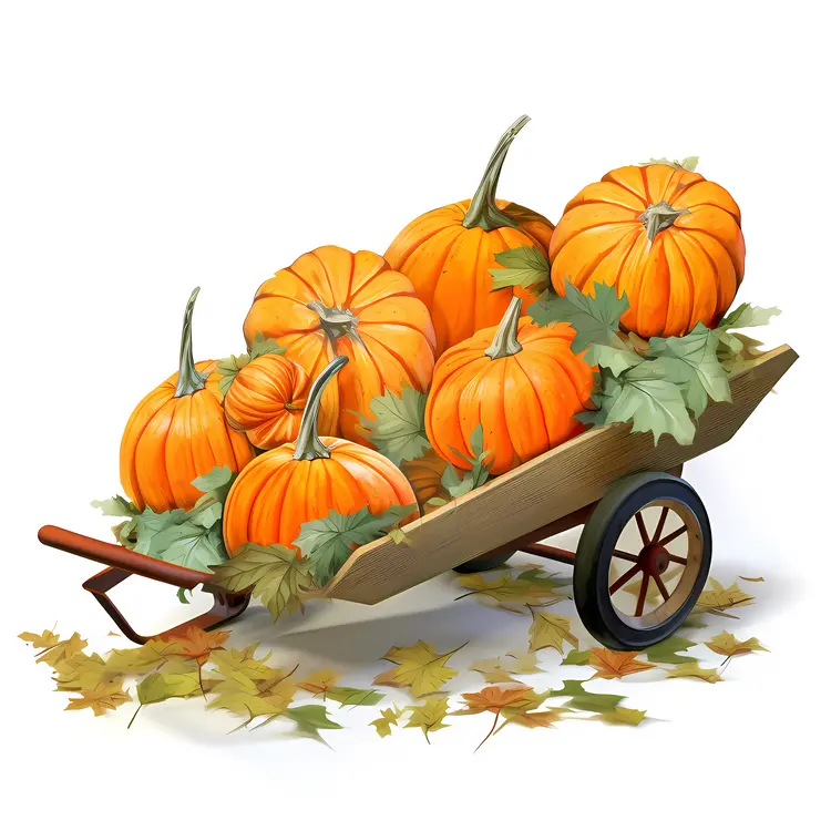 Pumpkins in Wooden Wheelbarrow with Leaves