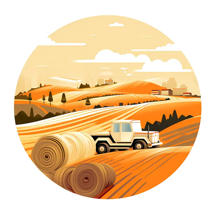 Tractor in Field with Hay Bales