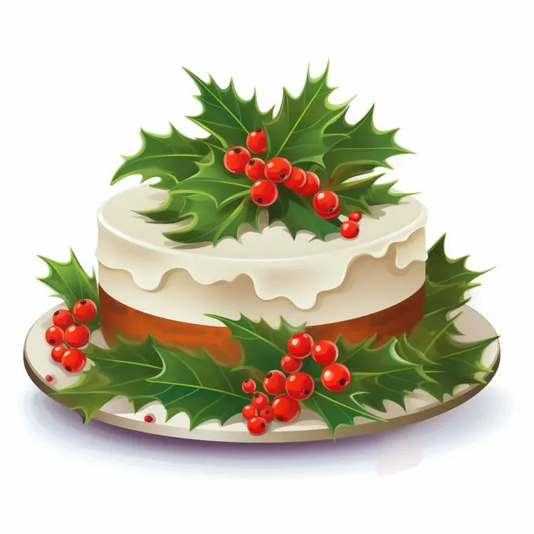 White Cake with Holly Leaves and Red Berries
