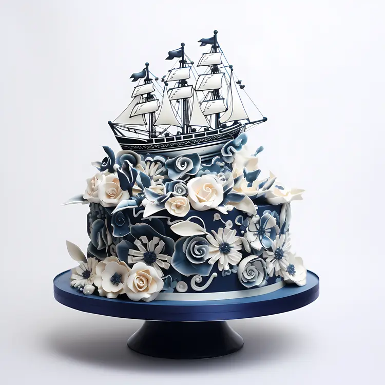Blue Cake with Ship and Floral Decorations