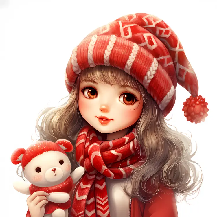 Girl with Winter Hat and Teddy Bear