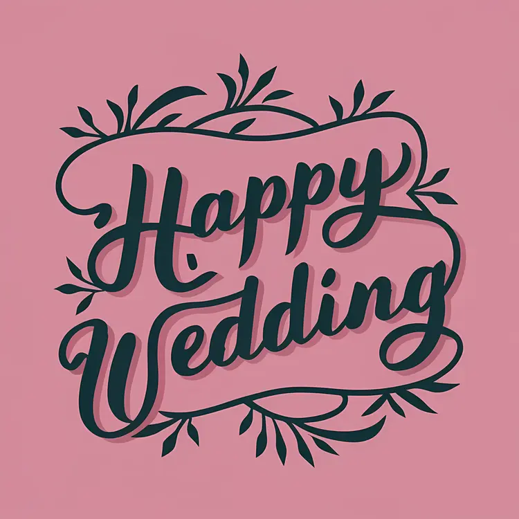 Happy Wedding Text with Pink Background and Floral Design