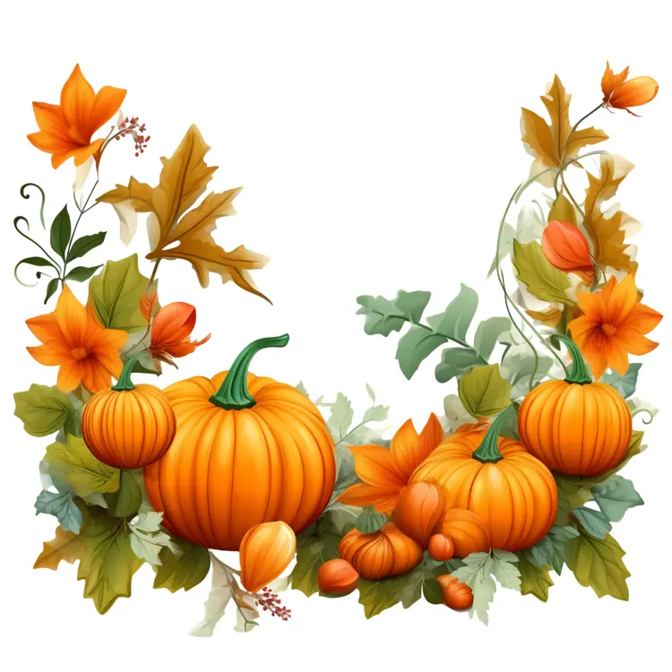 Pumpkins with Leaves and Flowers