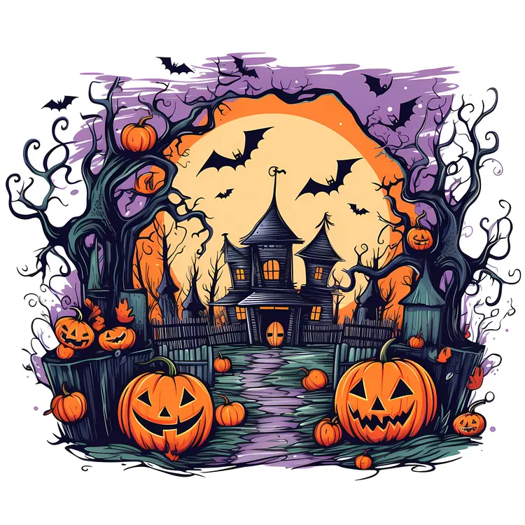 Haunted House with Pumpkins and Bats