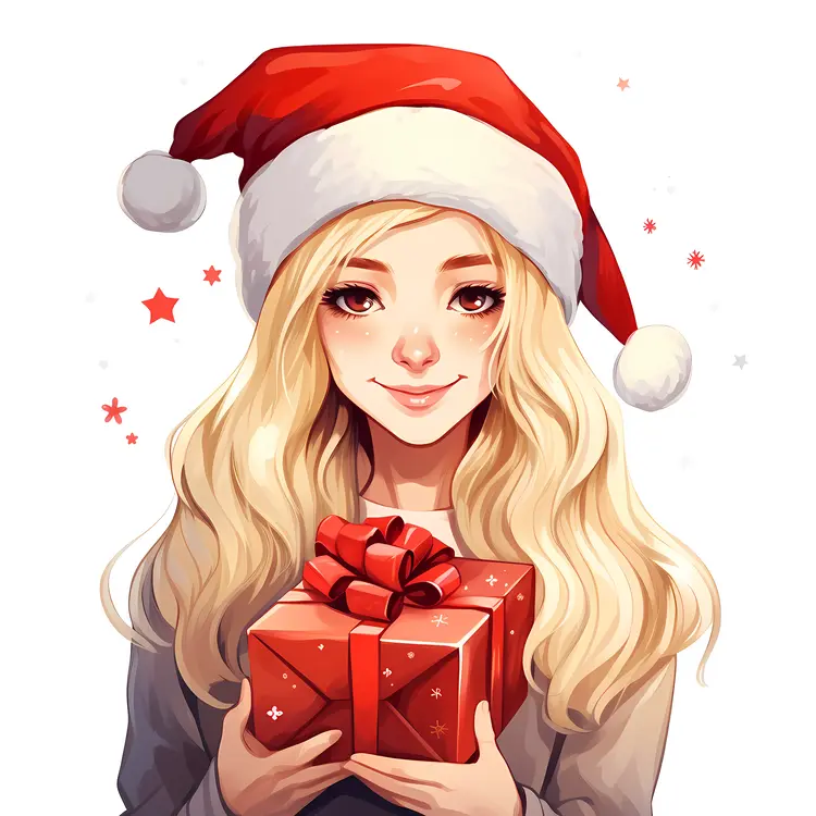 Blonde Girl with Gift in Santa Hat