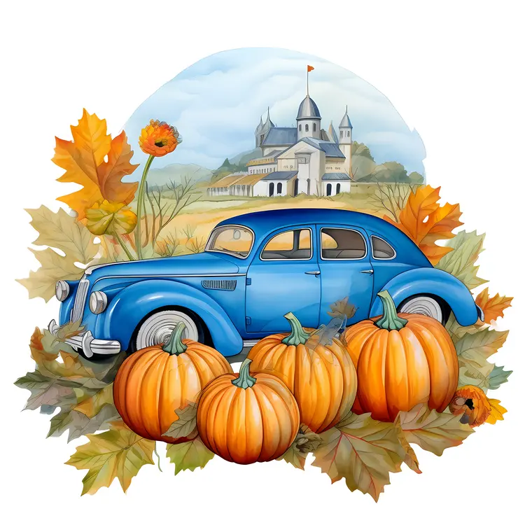 Blue Vintage Car with Pumpkins and Castle