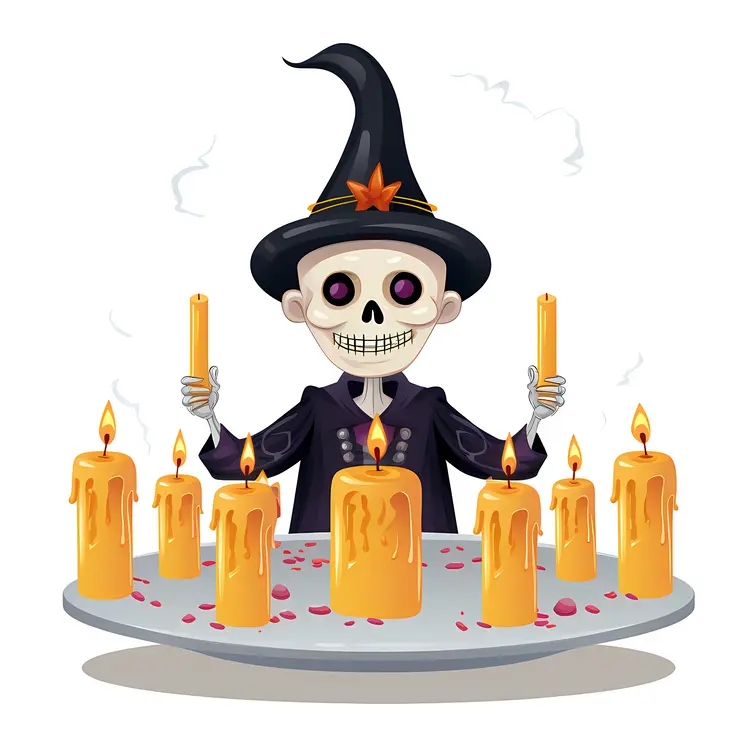 Skeleton with Candles and Witch Hat