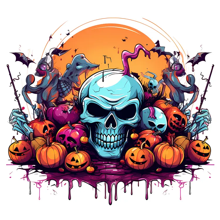 Skull with Pumpkins and Bats Halloween Illustration