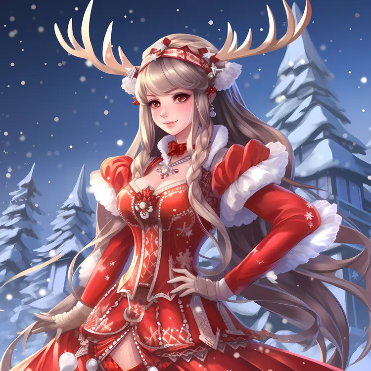 Girl with Antlers in Elegant Red Christmas Dress