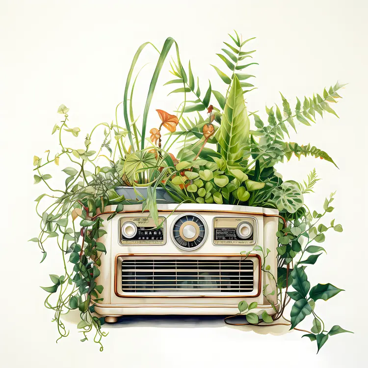 Vintage Radio with Green Plants