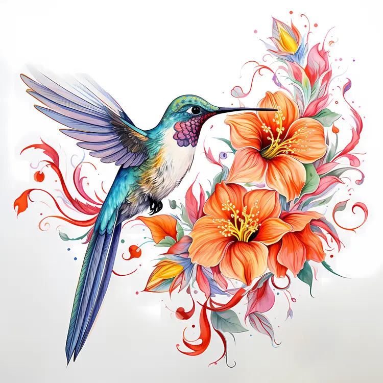 Hummingbird Feeding on Bright Flowers