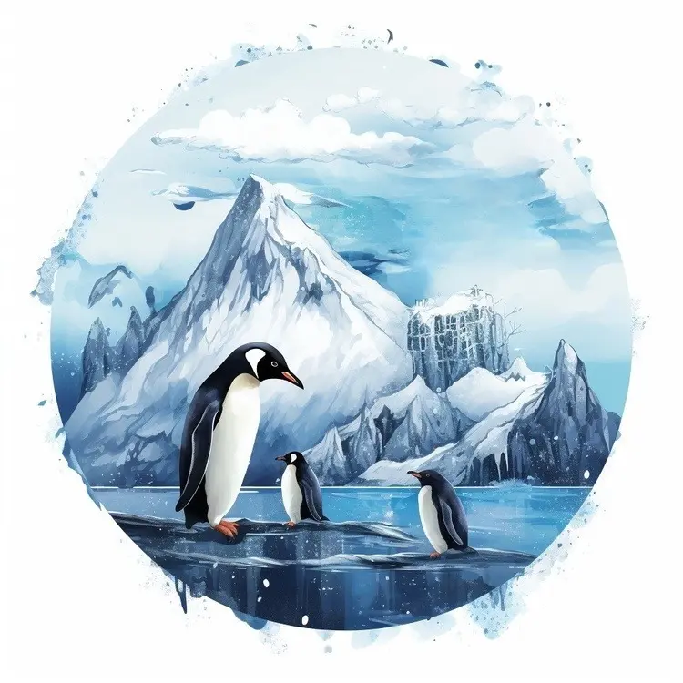 Penguins on Ice with Snowy Mountain Background